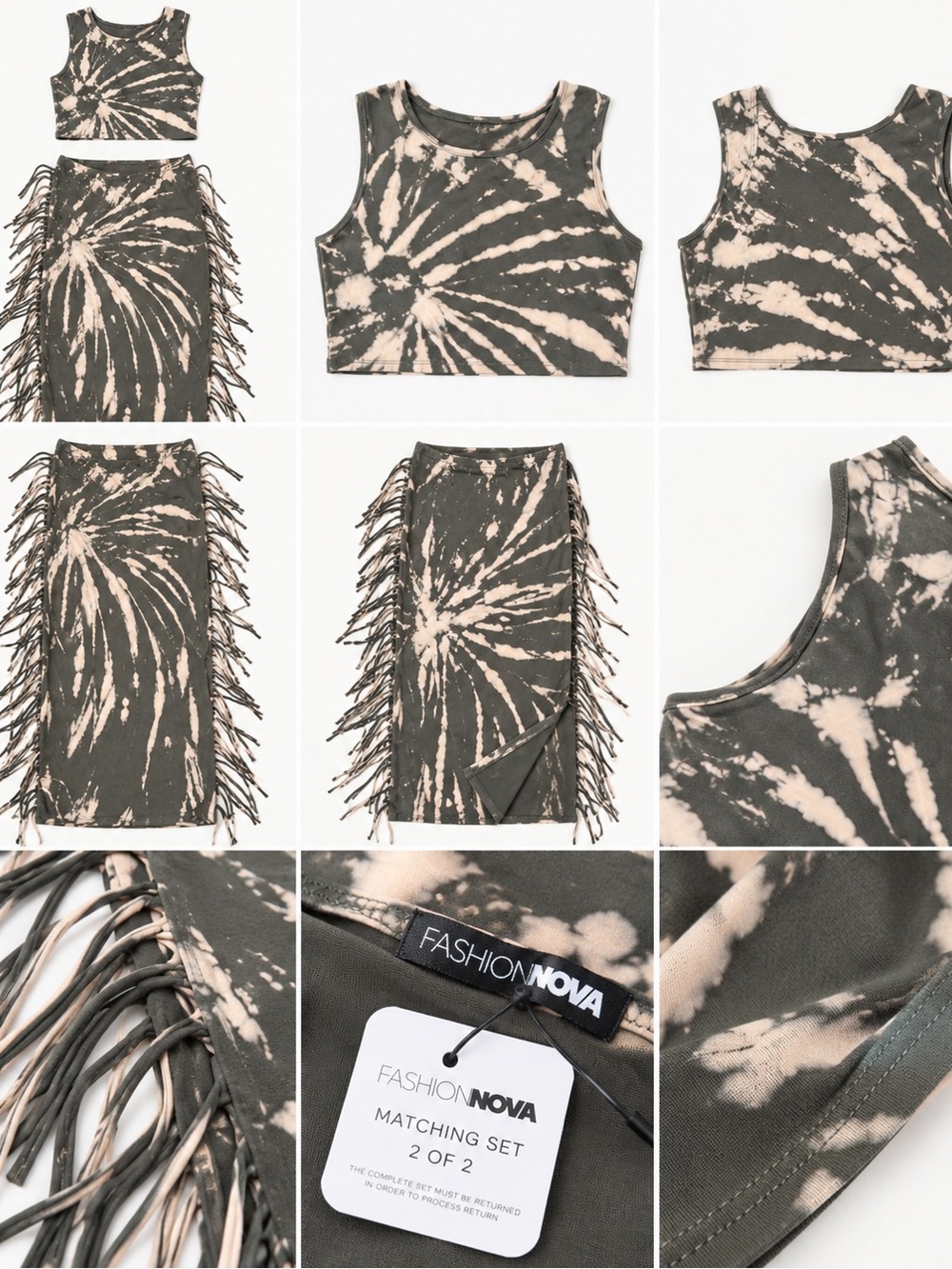 Fashion Nova Festival Nights Tie Dye Fringe Olive Maxi Skirt Set 1X NWT